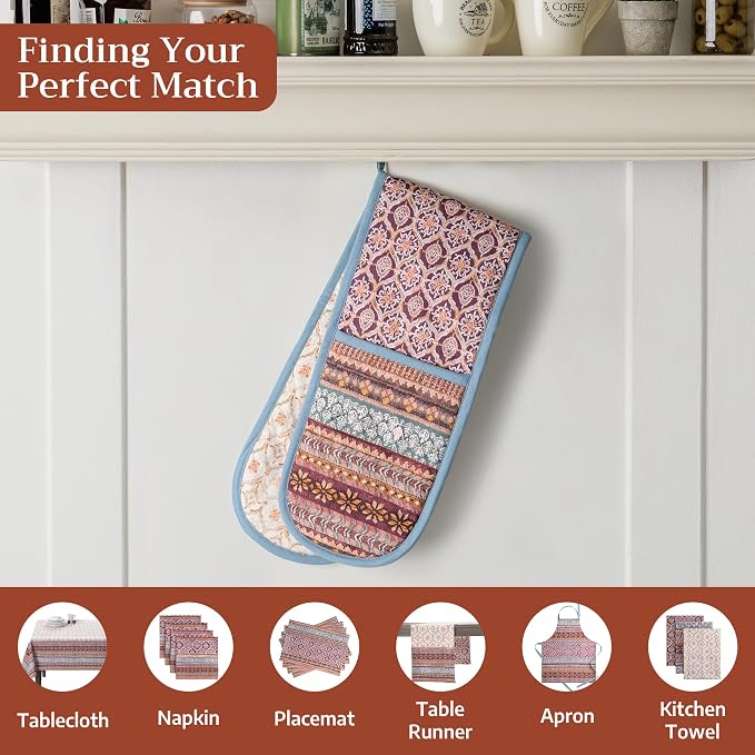 Maison d' Hermine Double Oven Mitts 100% Cotton Double Oven Glove (7"x35") | Heat Resistant BBQ Cooking Gloves with Loop Baking Kitchen Home Hotel Farmhouse Thanksgiving Christmas - Fair Isle