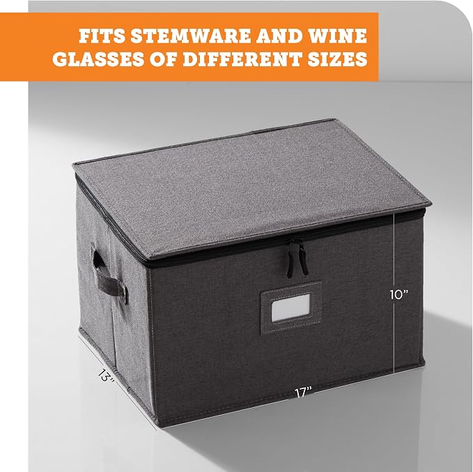 storageLAB Wine Glass Storage Cases | Hard Shell Felt Dividers | 2 Pack | 2-pack - each hard shell case holds 12 wine glasses in 4x4 felt compartments. Stackable, top-load. 24 glasses total.