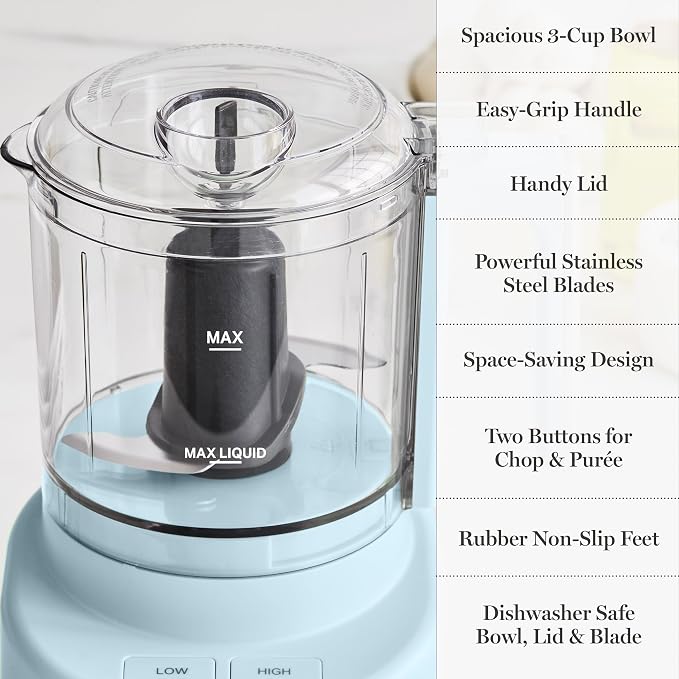 Martha Stewart 3 Cup Electric Vegetable Chopper & Mini Food Processor, Blue | 24oz BPA-Free Bowl, Stainless Steel Blades, Pour Spout, Dice, Puree, Mince, Chop Vegetables & Herbs, Dishwasher-Safe Parts