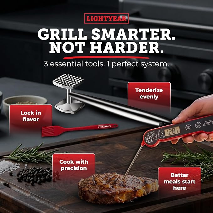 Lightyear Grillmaster Starter Kit – 3-Piece Stainless BBQ Set | Grill tools gift set with meat tenderizer, instant-read thermometer and silicone basting brush – bbq kit for outdoor grill