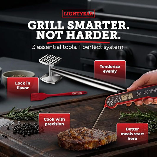 Lightyear Grillmaster Starter Kit – 3-Piece Stainless BBQ Set | Grill tools gift set with meat tenderizer, instant-read thermometer and silicone basting brush – bbq kit for outdoor grill