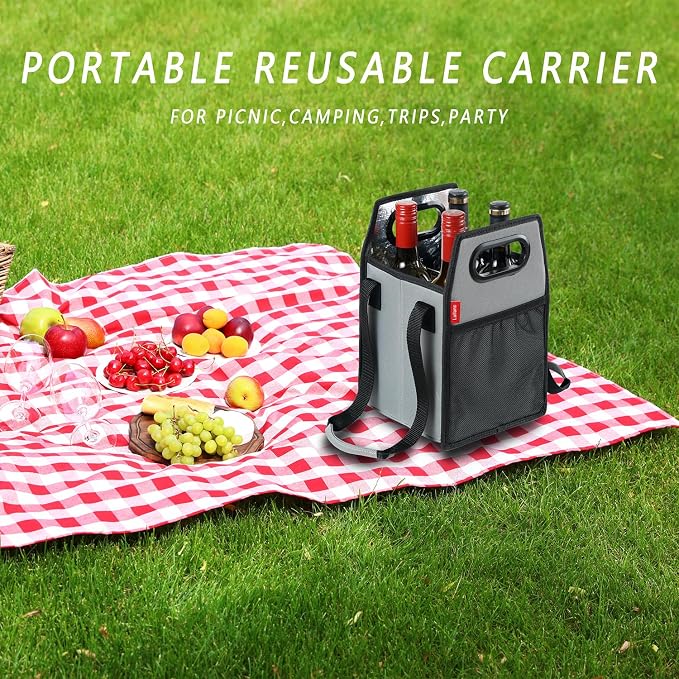 Collapsible Bottle Carrier - Reusable Portable Wine Bottle Case for Tote Bag, Moving, Vacation & Grocery Shopping