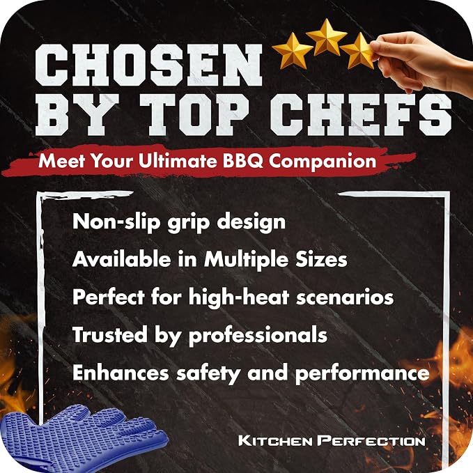 KITCHEN PERFECTION XL Silicone Smoker BBQ Gloves -Heat Resistant Oven Mitts | Waterproof, 5-Finger Design For A Better Grip, for Pitmasters, Meat Smoking, Grilling, Cooking, Frying Turkey | Grill Gift