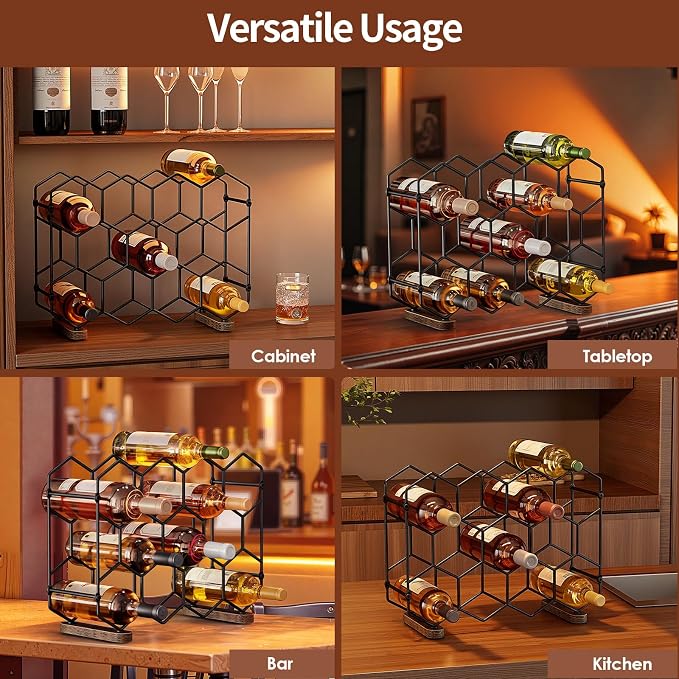 Nuovoware Countertop Wine Rack, 14-Bottle, 3 Tier, Black+Brown | Wine Bottle Organizer Storage, Freestanding Modern Carbon Steel Holder, Hexagonal Structure, for Cabinet, Pantry