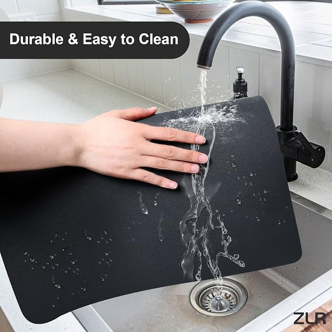 ZLR Coffee Bar Mat for Keurig & Nespresso, 12"x16" Small, Black | Absorbent Dish Drying Mat, Stain-Hiding PU Leather Top, Non-Slip Rubber Back, Heat-Resistant, Fits Frother & Pour-Over
