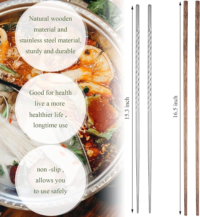 Patelai 4 Pairs Long Cooking Chopsticks 15.3 Inch & 16.5 Inch Extra Long Stainless Steel Wooden Noodles Chopsticks for Kitchen Cooking Frying Hot Pot, Non Slip Threaded(Silver, Wood Color)