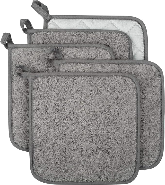 Pot Holders for Kitchen, 100% Cotton Terry Pot Holder Set of 5, Heat Resistant Hot Pads for Cooking, Baking, Hot Dishes and Countertop Protection,Grey