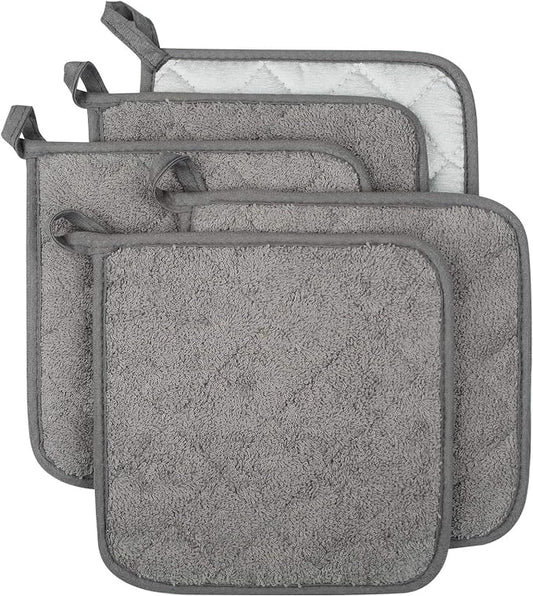 Pot Holders for Kitchen, 100% Cotton Terry Pot Holder Set of 5, Heat Resistant Hot Pads for Cooking, Baking, Hot Dishes and Countertop Protection,Grey