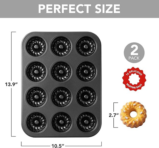 Tiawudi Mini Fluted Tube Cake Pan, 12 Cavity Bundt Cake Baking Pan, Non-stick Baking Mold for Cupcakes, Donuts, Cornbread, Brownies, Jellies, Set of 2