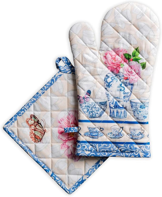 Maison d' Hermine 100% Cotton Oven Mitt & Pot Holder Set (7.5"x13" & 8"x8") | Heat Resistant BBQ Cooking Gloves with Loop Baking Grilling Kitchen Hotel Home Farmhouse Spring Summer - Canton