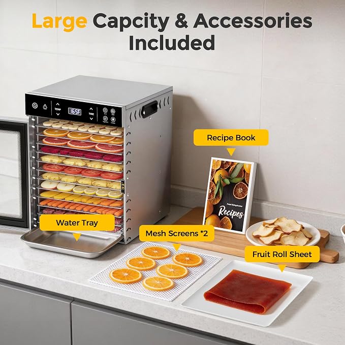 Suteck 800W Food Dehydrator with 12 Trays for Jerky, Fruit, Veg, Meat | Stainless Steel, 4 Presets, Strong Dual Fans & 360° Airflow, 85°F–195°F, 24H Timer, Built-in Light, Quiet