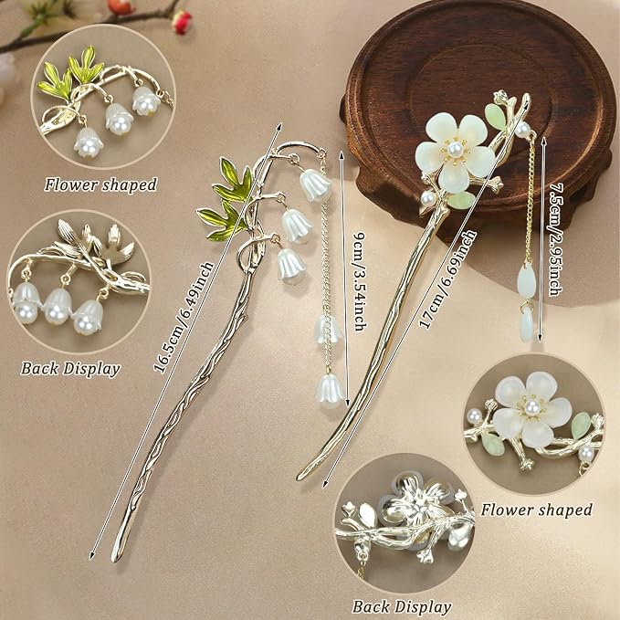 2Packs Lily of the Valley Chinese Hair Sticks for Buns, Pearl Flower Vintage Metal Hair Chopsticks for Women and Girls Dangle Tassel Pendant Hair Accessories Hanfu Handmade Decor Hairpin (white)