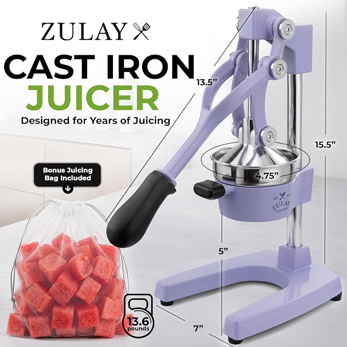 Zulay Kitchen Cast Iron Juicer - Heavy Duty Manual Juicer with Detachable Strainers for Easy Cleaning, Orange Juice Press for Citrus Fruits, Perfect for Bartenders, Juice Lovers & Health Enthusiasts