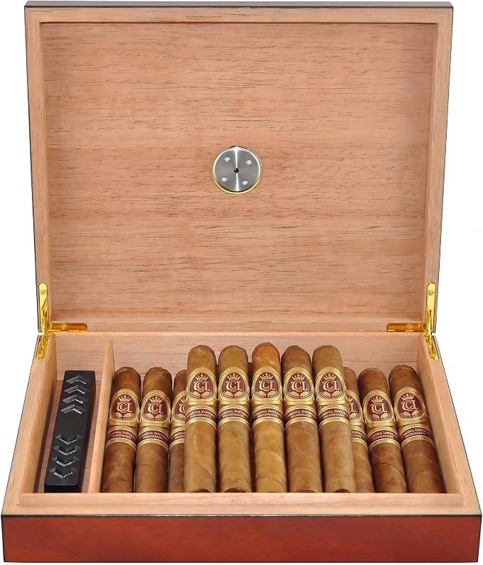 Humidor Cigar Box Holds 20 Cigars, Seal Lid Closure, Spanish Cedar Wood Travel Storage Cigar Case with Removable Divider, Humidifier and Golden Hygrometer, Gift for Man, Sapele Cherry Finish