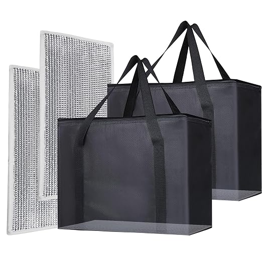 Bodaon 2PK Insulated Grocery Bags with Reinforced Baseboard, X-Large, Black | Reusable, Heavy Duty, Cooler Tote for Stability & No Sag, Thermal Bag for Hot Cold Food, Delivery, Shopping, Travel, Camping