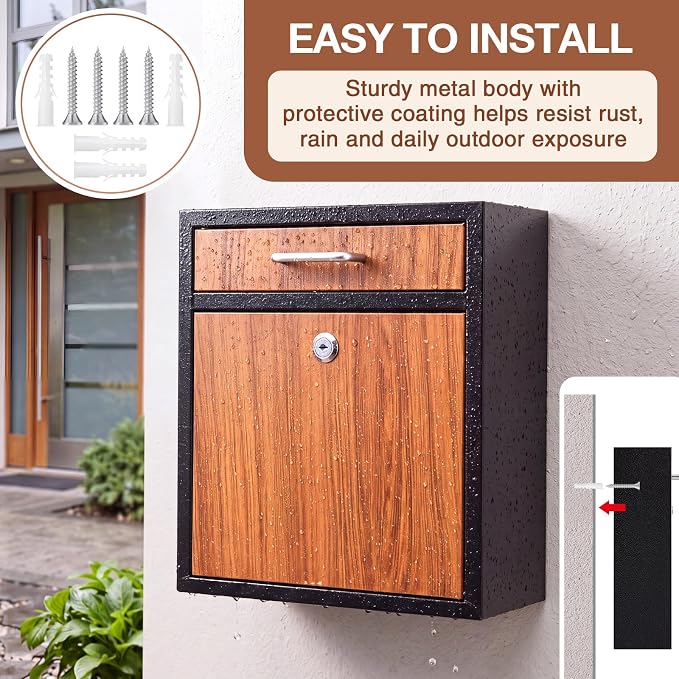 Yaocom Locking Mailbox with Key for Outdoor 12 x 10.5 x 4.7 Inches Large Wall Mount Mail Box with Lock Security Mail Drop Metal Collection Boxes Hanging Secure Postbox(Wooden)