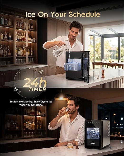 ecozy 2" Large Ice Cube Maker with CrystalFlux Technology, 2 pcs in 30 Mins with Eco Mode, 72 pcs/Day, 24H Timer, Clear Square Ice Machine with Self-Cleaning, Enhanced Insulation for Whiskey Bar | Square Ice 72 pcs / Day, Self-Cleaning for Whiskey Bar