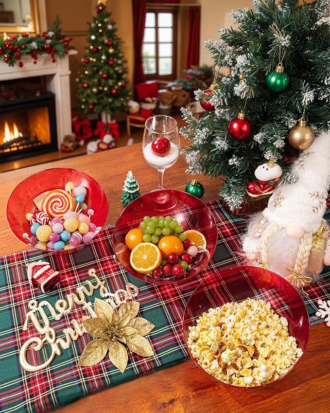 bUCLA 12 Pack Clear Red Plastic Serving Bowls - 20 OZ Christmas Angled Serving Bowls Disposable for Chip, Candy, Salad & Fruit - Ideal for X’mas Party