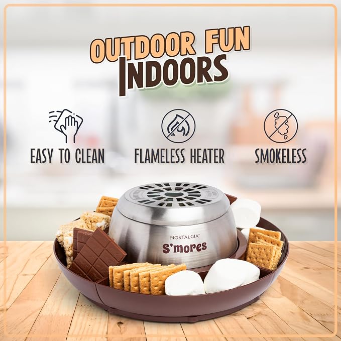 Nostalgia Tabletop Indoor Electric S'mores Maker - Smores Kit With Marshmallow Roasting Sticks and 4 Tray Lazy Susan for Graham Crackers, Chocolate, and Marshmallows - Movie Night Supplies - Brown
