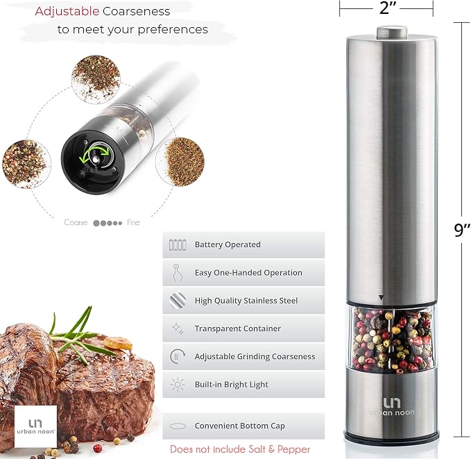 Urban Noon Electric Salt or Pepper Grinder (1 Mill, 8.1" Tall) - One-Handed Push-Button Mills with LED Light, Adjustable Ceramic Coarseness, Gift-Ready Box, 1-Year Warranty - Stainless Steel