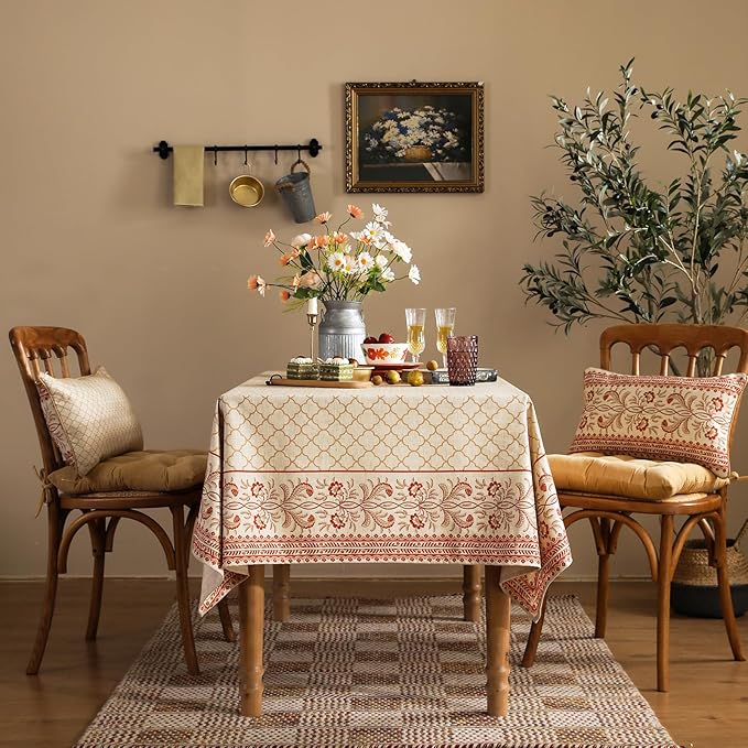 ISAENNE Designer Linen Floral Tablecloth Rectangle,Pale Yellow Elegant Farmhouse Indoor Table Cloth,Durable Decor Tablecloths for Dining Kitchen Thanksgiving Christmas,55"*87"-Chamonix A