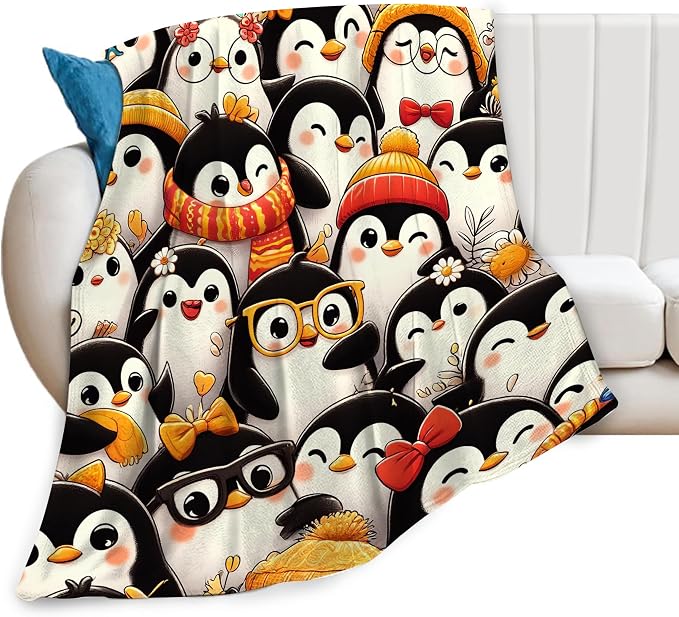 Funny Penguin Blanket Soft Warm Cute Kawaii Penguin Plush Throw Blanket Cozy Flannel Fuzzy Fleece Bedding Stuff Animal Decor Blanket Gifts for Lover Girls Boys Kids Teens Adults Women 50"x60"
