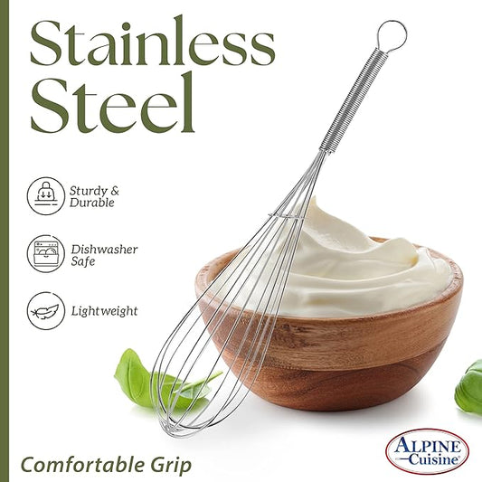 Alpine Cuisine Stainless Steel Wire Whisk 3pc set with Ergonomic Handle | Egg Whisk, Sauce Whisk & Flat Whisk Combined | Space Saving Whisks for Cooking, Baking & Deglazing, Dishwasher Safe