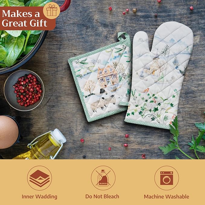 Maison d' Hermine Pot Holders 100% Cotton Potholders (8" x 8", Pack of 2) | Heat Resistant Hot Pads with Loop BBQ Cooking Baking Hotel Kitchen Handling Hot Pans Thanksgiving Christmas - Snowy World