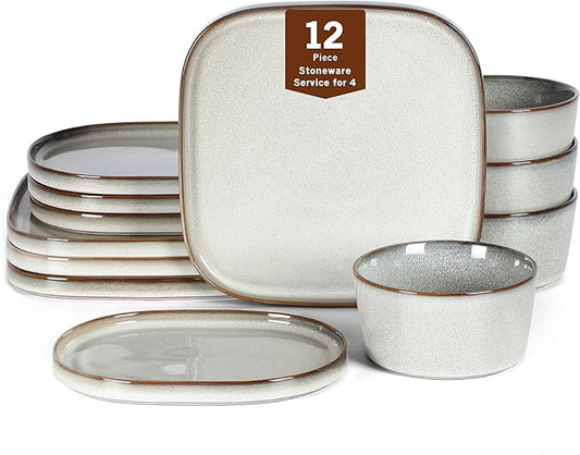 Stone Lain Cairo 12-Piece Dinnerware Stoneware, Plates and Bowls, Microwave and Dishwasher Safe, Includes Dinner and Salad Plates, Cereal Bowls, Dish Set for 4, Grey