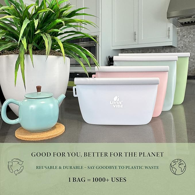 Reusable Silicone Food Storage Bags – Set of 4 Multicolor (500ml/17oz, 1000ml/34oz, 1500ml/51oz, 2000ml/68oz) – Leakproof, Freezer, Microwave, Oven & Dishwasher Safe, BPA-Free