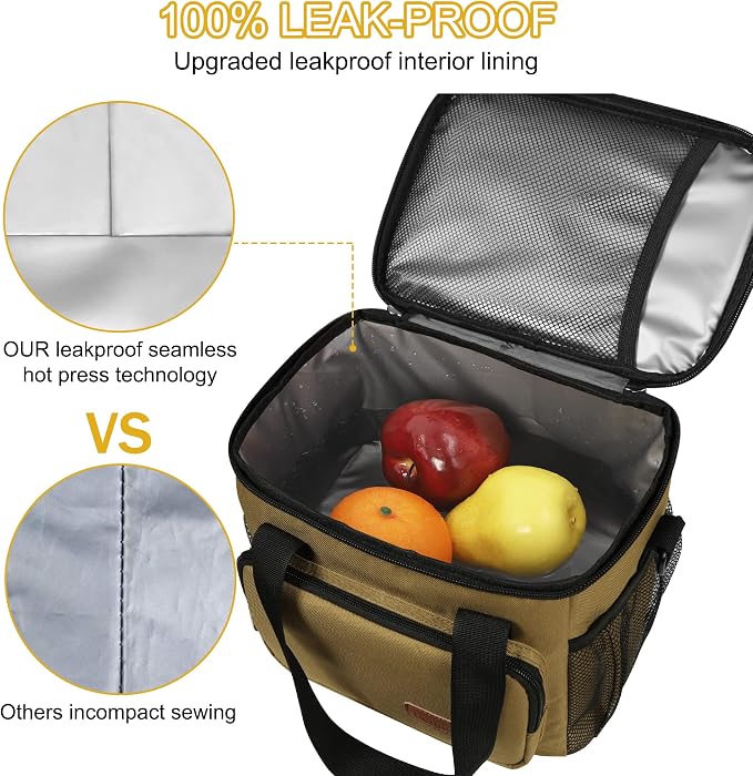 Lunch Bags for Women/Men, Insulated Lunch Bag for Work Office Picnic - Lunch Cooler Bag Leakproof Lunch Box with Adjustable Shoulder Strap - Khaki