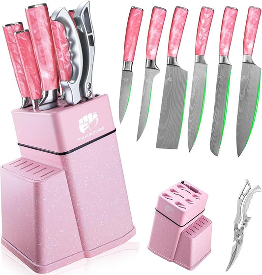 FULLHI 8pcs block Knife Set,chef's Knves Set with Block and Sharpener, Kitchen Knife Set,Multi-colour Handle, Gifts for Men Women