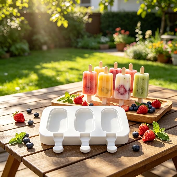 3 Pack Silicone Popsicle Molds with Lids, Cakesicle Ice Cream Mould, White | 3 Cavities per Mold, Food Grade Silicone, Includes 100 Wooden Sticks & 100 Bags, for Cake Pops, Ice Cream, Homemade Desserts