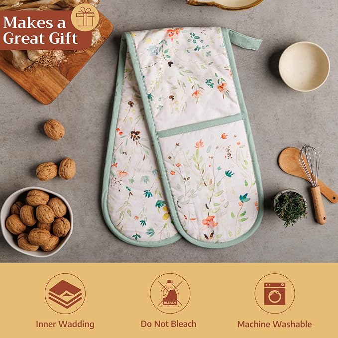 Maison d' Hermine Double Oven Mitts 100% Cotton Double Oven Glove (7"x35") | Heat Resistant BBQ Cooking Gloves with Loop Baking Grilling Kitchen Hotel Home Farmhouse Spring Summer - Colmar