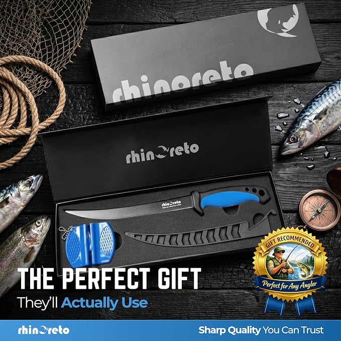 Rhinoreto Fillet Knife for Fish - Razor Sharp G4116 German Stainless Steel Blade, 9 Inch Professional Filleting & Boning Knife with Non-Slip Handle, Protective Sheath & Sharpener