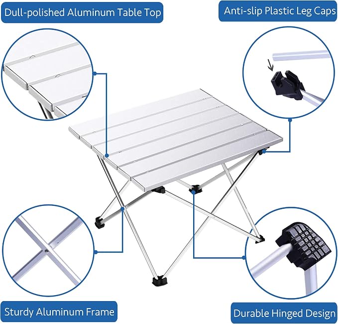 Grope Small Folding Camping Table, Aluminum Beach Table for Sand (Silver-S) | Portable & Easy to Carry, With Carry Bag for Camping, Prefect for Outdoor, Picnic, BBQ, Cooking, Festival, Beach, Home Use
