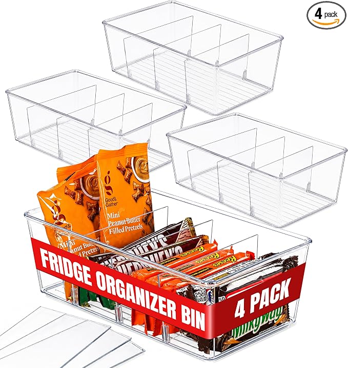 Oizeir Clear Pantry Organizer Bins 4-Pack - Fridge Organizer with 3 Removable Dividers - Kitchen Pantry Organizers & Storage - Storage Cabinet Snack