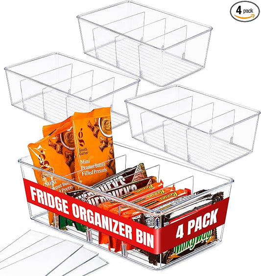 Oizeir Clear Pantry Organizer Bins 4-Pack - Fridge Organizer with 3 Removable Dividers - Kitchen Pantry Organizers & Storage - Storage Cabinet Snack