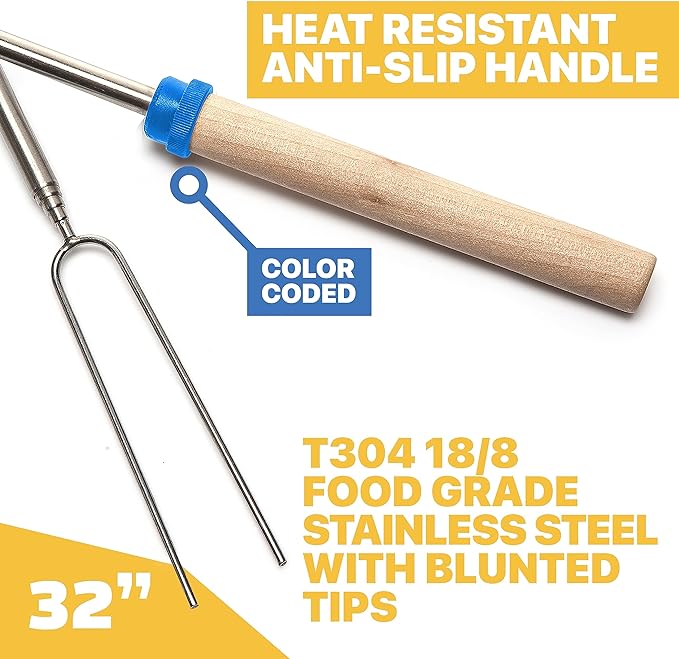 MalloMe Smores Sticks for Fire Pit - Accessories for Campfire Marshmallow Roasting Sticks Smores Kit Outdoor - Smore Skewers Hot Dog Fork For Outside, Camping Essentials Bonfire Gear Long 32" 5 Pack