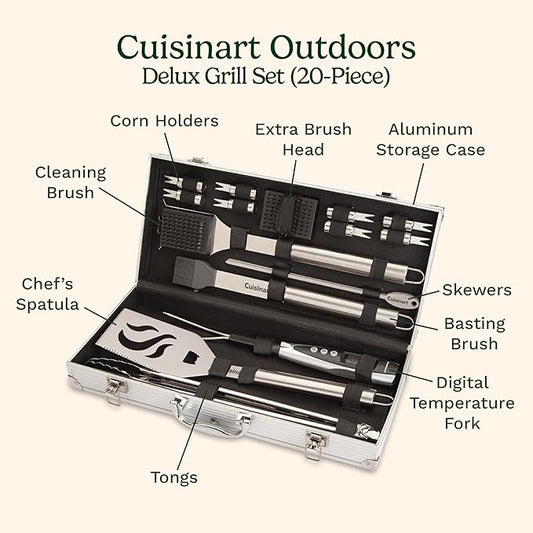 Cuisinart Deluxe Grill Tool Set, 20-Piece Grill Set, BBQ Accessories with Aluminum Case, Stainless Steel Grilling Accessories, Grilling Gifts for Men, for Dad Husband (Pack of 4)