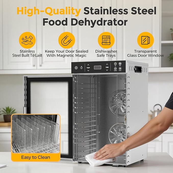 Suteck 800W Food Dehydrator with 16 Trays for Jerky, Fruit, Veg, Meat | Stainless Steel, 4 Presets, Strong Dual Fans & 360° Airflow, 85°F–195°F, 48H Timer, Built-in Light, Quiet