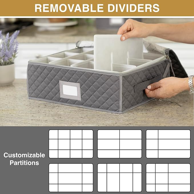 StackStorePlusMore China Cup Storage Chest - Quilted Fabric Container in Gray Measuring 16" x 13" x 6"H - Perfect Storage Case for Coffee Cups - Tea Cups - Mugs