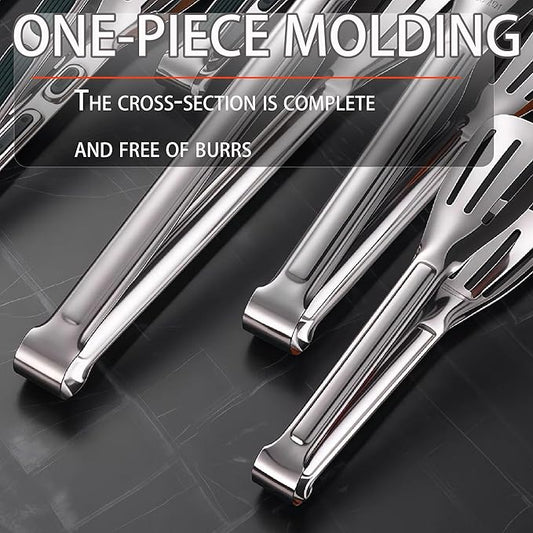 Stainless Steel Kitchen Tong Set - Anti-Slip Heat-Resistant Grip, Widened 3-Line Slotted Heads for Easy Clamping (Steaks, BBQ, Pasta, Salads), Easy Clean for Versatile Use Set of 3-9", Silver