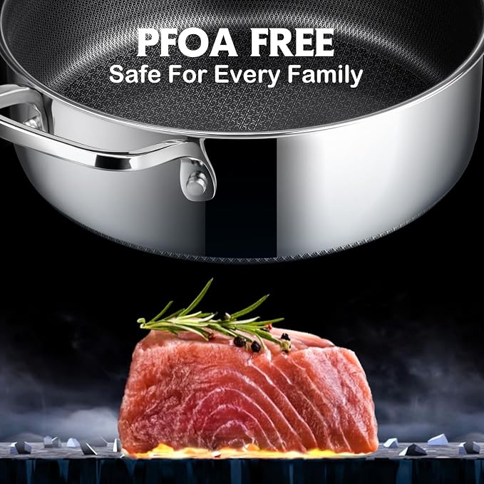 SNOWCLAD Frying Pans Nonstick with Lid,Hybrid Non Stick 5 Quart Saute pan,PFOA Free Cookware,Stainless Steel skillet,12 inch Deep Saute Pan,Dishwasher&Oven Safe,Works on All Cooktops