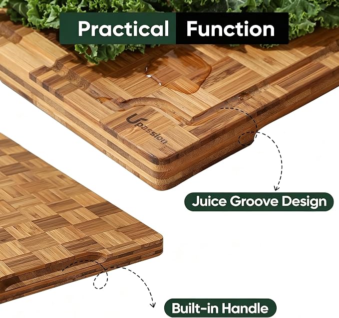 Bamboo Cutting Board Set of 2 Wooden Cutting Boards for Kitchen Wood | Heavy Duty Thick Checkered, Wooden Wood Cutting Board, Deep Juice Grooves, Non-slip Feet, 2 Pack