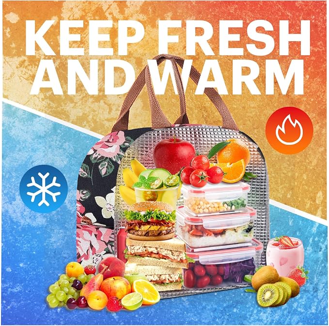 Lunch Bag for Women & Men Adult Insulated Lunch Box, Small Leakproof Cooler Food Lunch Containers Reusable High Capacity Lunch Tote Bags for Work, Travel, Outdoor - Black Rose