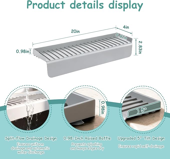 Silicone Sink Edge Protector Splash Guard, 20x4 Inch with Suction Cups & 5°Tilt, Cuttable for Kitchen Bathroom Countertops, Granite Quartz Surfaces (Gray)