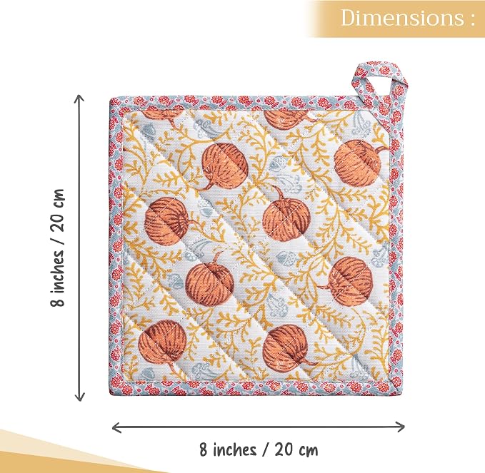 Maison d' Hermine Pot Holders 100% Cotton Potholders (8" x 8", Pack of 2) | Heat Resistant Hot Pads with Loop BBQ Cooking Baking Kitchen Handling Hot Pans Thanksgiving Christmas - Harvest Festival