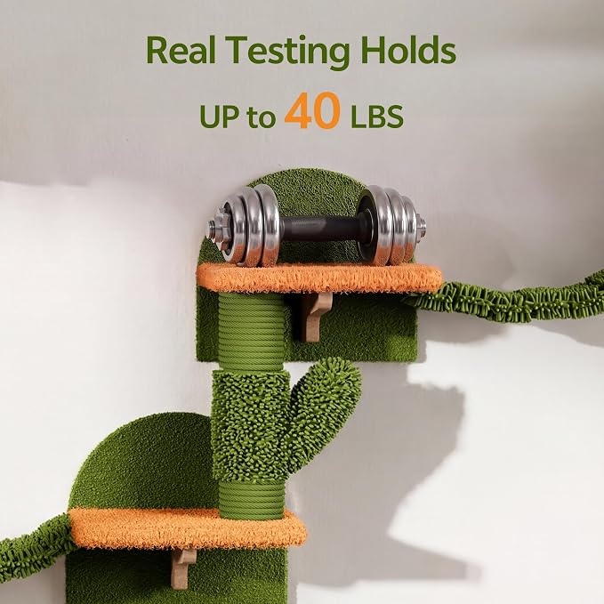 Cactus Floor to Ceiling Cat Tower, 14-in-1 Cat Wall Shelves, Green | Cats Tree with Adjustable Height(87-104 IN), Cat Climbing Wall Furniture Set for 16 Inch Drywall, with Scratching Post, Cloud