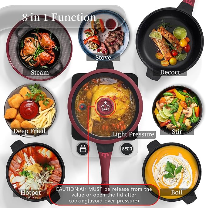 TIBORANG 11 Inch Nonstick Frying Pan with Lid,8-in-1 Multipurpose Cookware | 5 Qt Deep Sauté Pan Skillet with Steamer, PFOA-Free, Dishwasher & Oven Safe, Induction Compatible, Stay-Cool Handle,Ruby Red